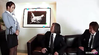 Asian Office Girl talk to DP and Anal MMF Threesome Be crazy by two old Guys